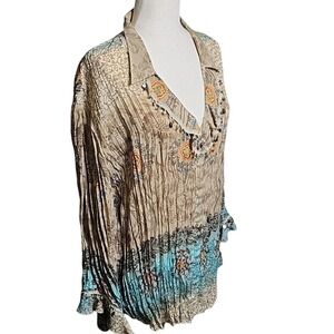 Dressbarn Beige and Turquoise  Blouse Crinkle Print Tunic Blouse Bell Sleeves 3x